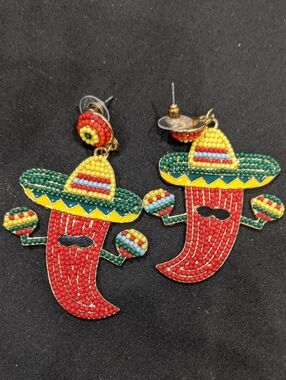 Festive Beaded Chili Pepper Sombrero Earrings - Red, Yellow, Green